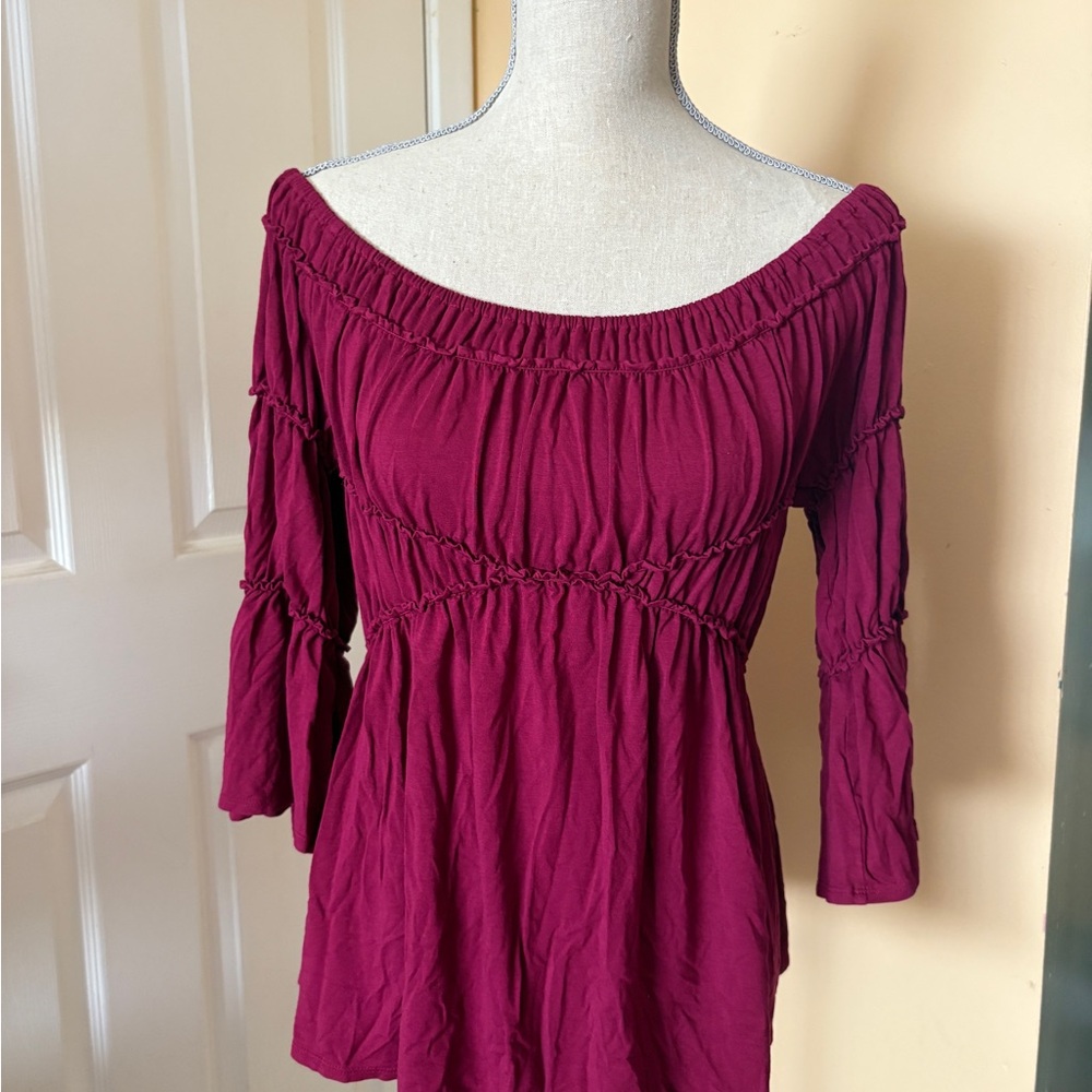 Max Studio Maroon Smocked Relaxed Blouse